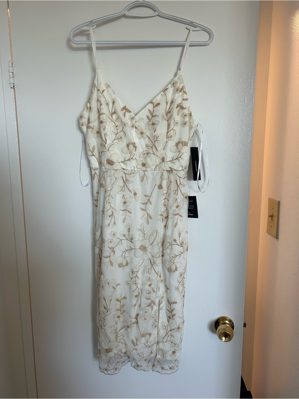 Lulu's Ivory Midi Slip Dress with Gold Floral Embroidery